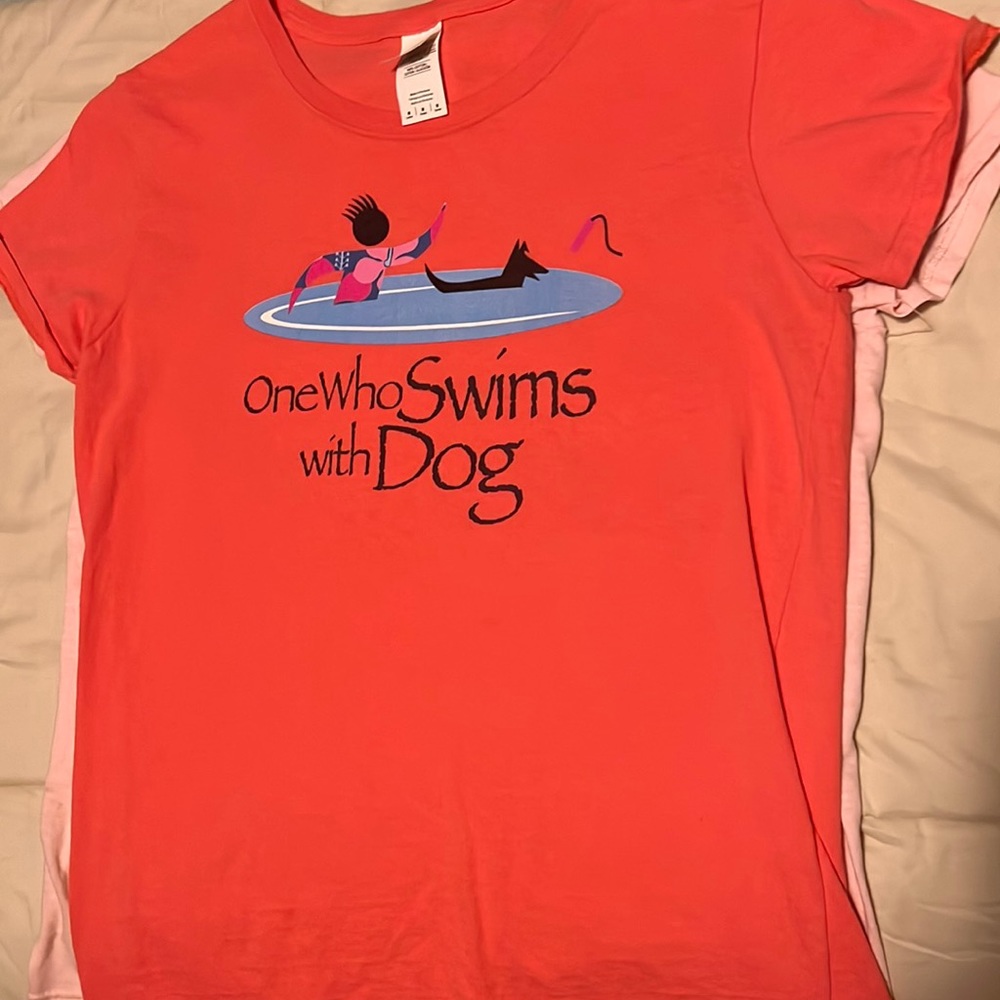 2 Dog People t-shirts.  Agility & swim. Pink and coral. Size M